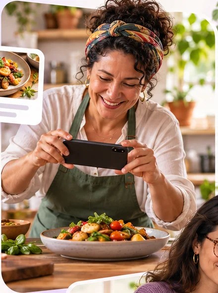 Criadora fotografando uma receita na cozinha